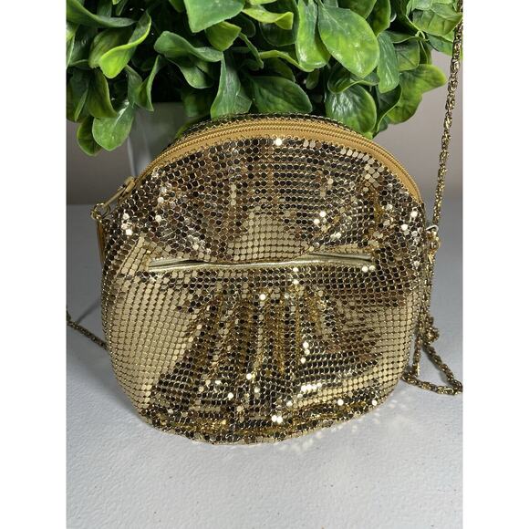 Paola Del Lungo Purse Small Shiny Metallic Gold Mesh Round Cocktail Wedding MINT - Picture 3 of 8